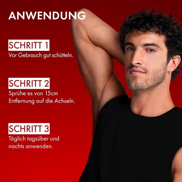 Mann hebt den Arm zur Deodorant-Anwendung, Text im Bild: gut schütteln, aus 15 cm auf die Achseln sprühen, täglich anwenden