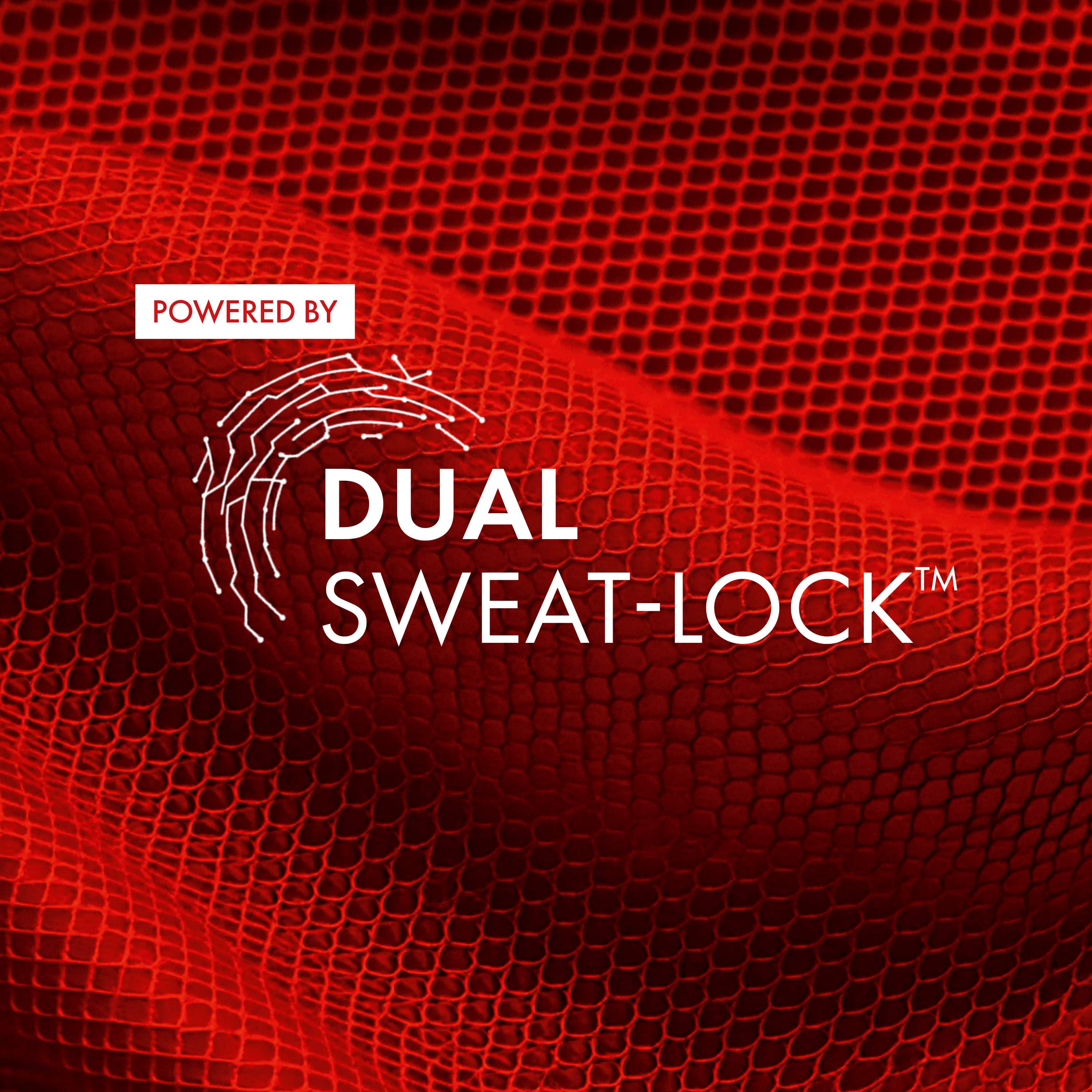 Roter netzartiger Hintergrund, Text im Bild: Powered by Dual Sweat-Lock™