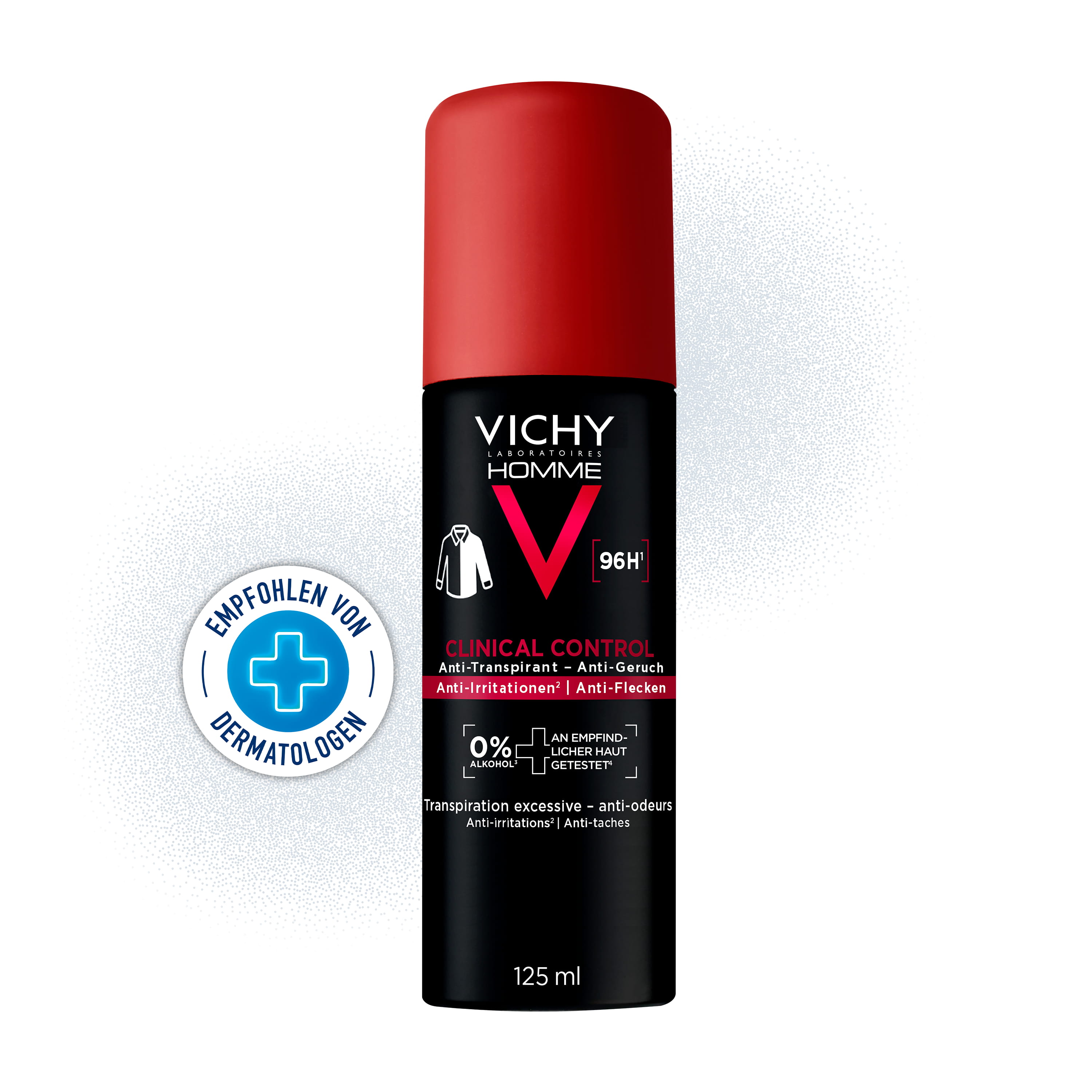 Vichy Homme Clinical Control Deodorant-Spray mit Siegel, Text im Bild: empfohlen von Dermatologen
