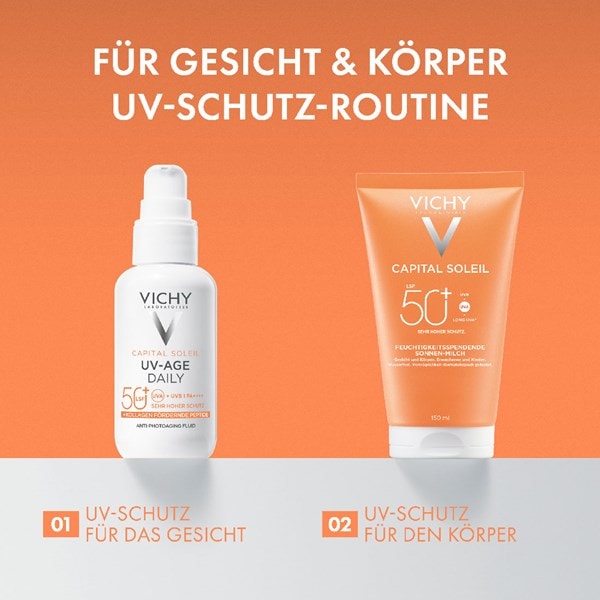 Zwei Produkte für UV-Schutz-Routine: UV‑Age Daily Fluid für das Gesicht und feuchtigkeitsspendende Sonnenmilch LSF 50+ für den Körper.