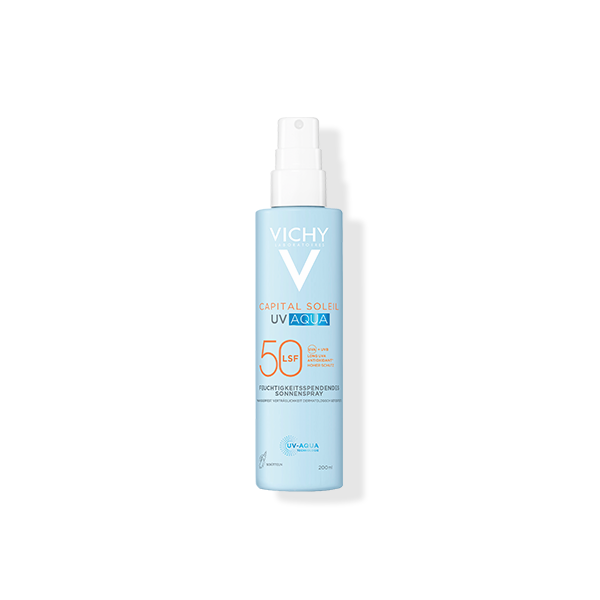 Vichy Capital Soleil UV Aqua Sonnenspray LSF 50 in hellblauer Sprühflasche, 200 ml