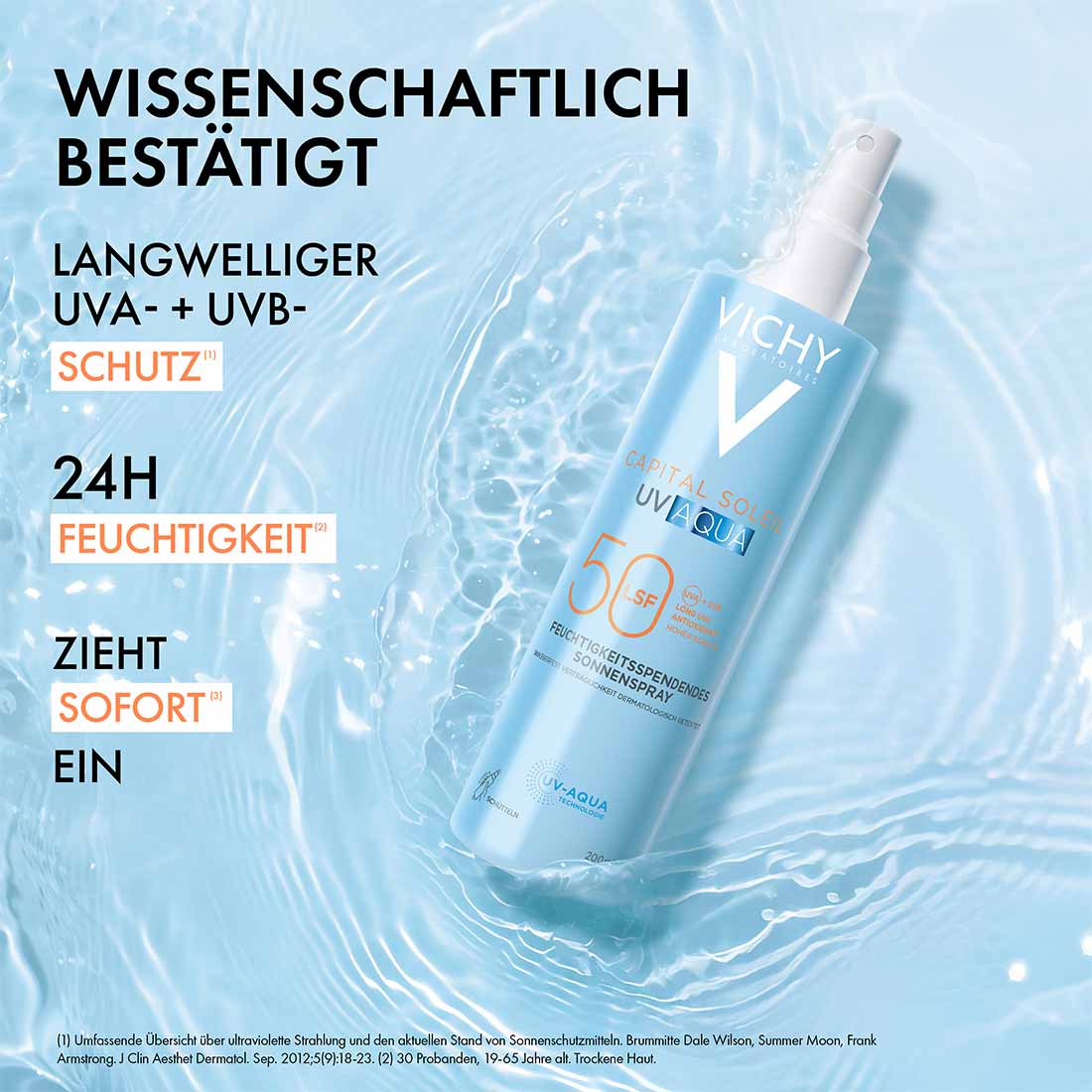 Vichy Capital Soleil UV Aqua Sonnenspray LSF 50 im Wasser, Text im Bild: wissenschaftlich bestätigt, UVA- und UVB-Schutz, 24h Feuchtigkeit, zieht sofort ein