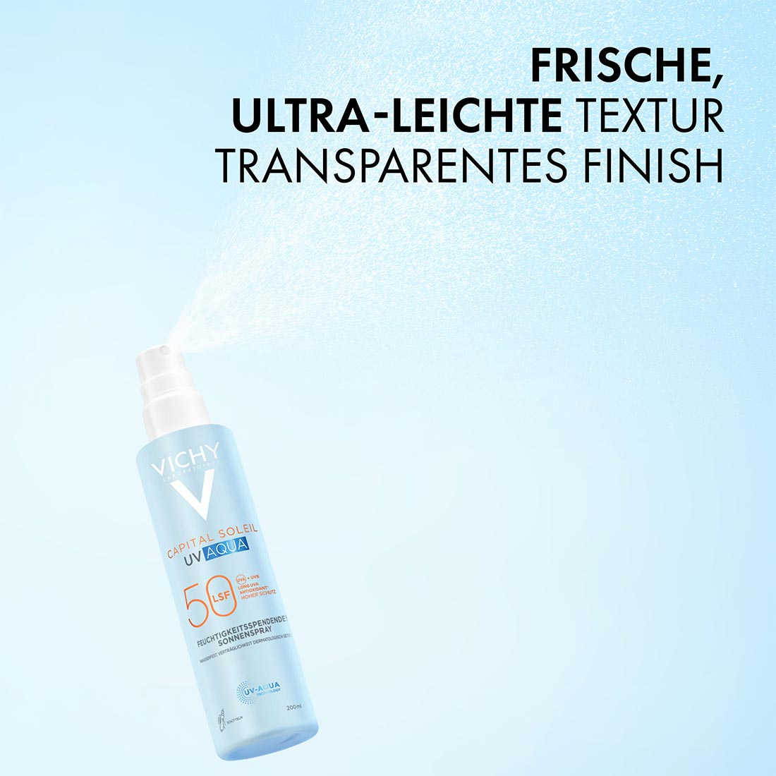 Vichy Capital Soleil UV Aqua Sonnenspray LSF 50 sprüht feinen Nebel, Text im Bild: frische, ultra-leichte Textur, transparentes Finish