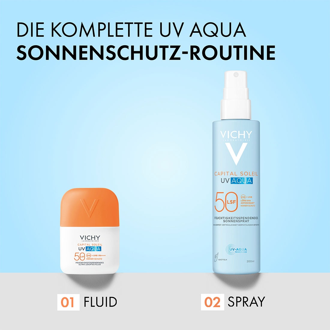 Vichy Capital Soleil UV Aqua Fluid und Sonnenspray LSF 50, Text im Bild: komplette UV Aqua Sonnenschutz-Routine, Fluid und Spray