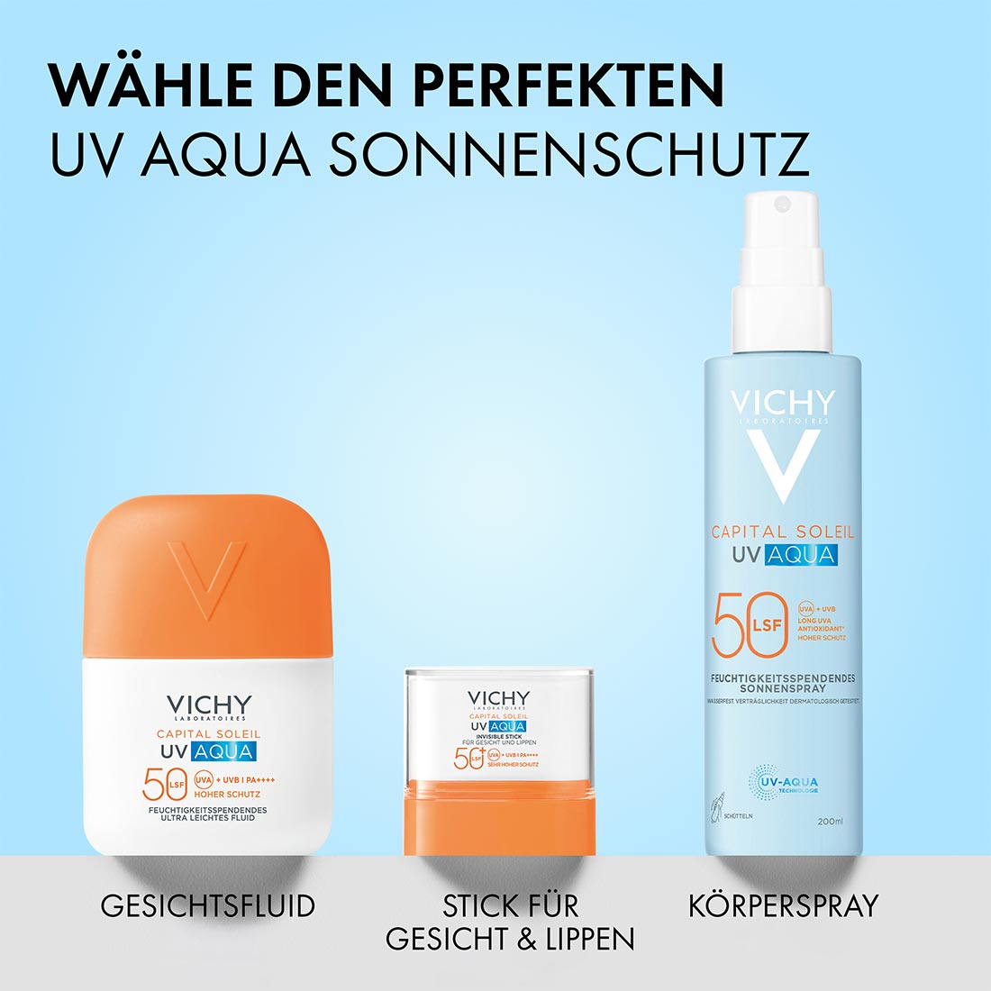 Vichy Capital Soleil UV Aqua Gesichtsfluid, Stick und Körperspray LSF 50, Text im Bild: passenden UV Aqua Sonnenschutz wählen