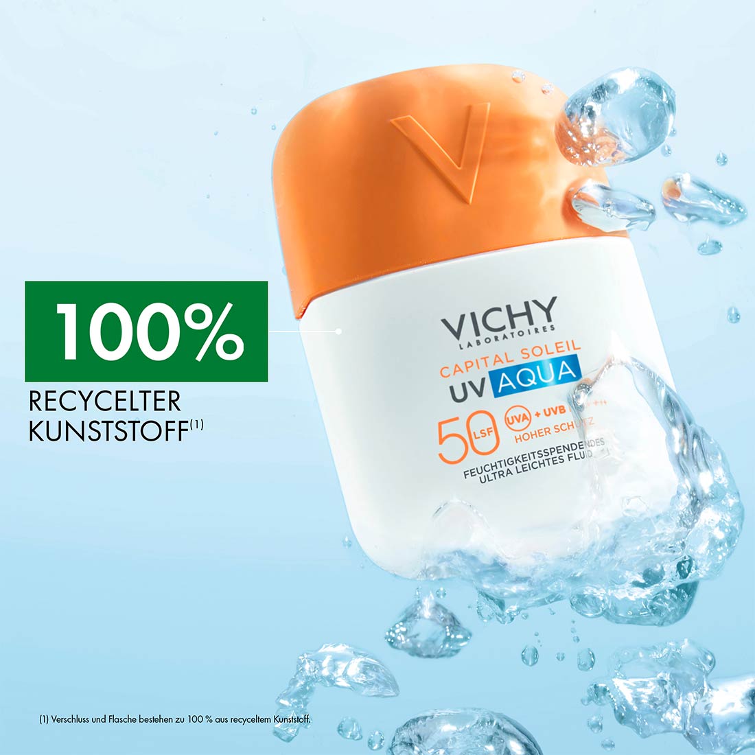 Der Verschluss und die Flasche des Capital Soleil UV Aqua Hydrating Invisible Fluid bestehen zu 100 Prozent aus recyceltem Kunststoff.