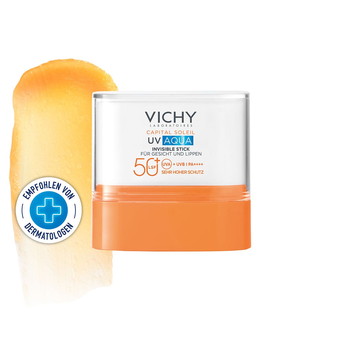 Vichy Capital Soleil UV Aqua Invisible Stick LSF 50 für Gesicht und Lippen mit Produkttext und Siegel, Text im Bild: empfohlen von Dermatologen