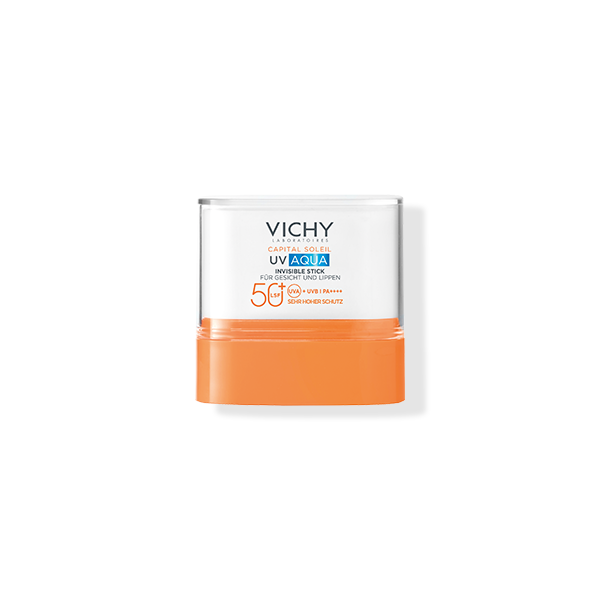 Vichy Capital Soleil UV Aqua Invisible Stick LSF 50+ für Gesicht und Lippen, Text im Bild: sehr hoher Schutz