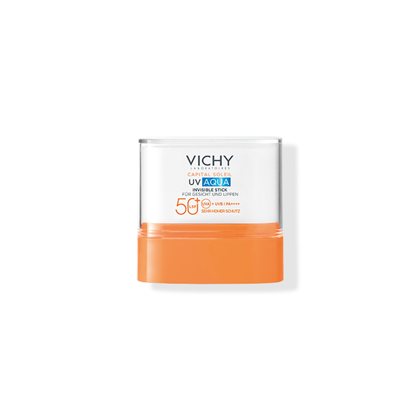 Vichy Capital Soleil UV Aqua Invisible Stick LSF 50+ für Gesicht und Lippen, Text im Bild: sehr hoher Schutz