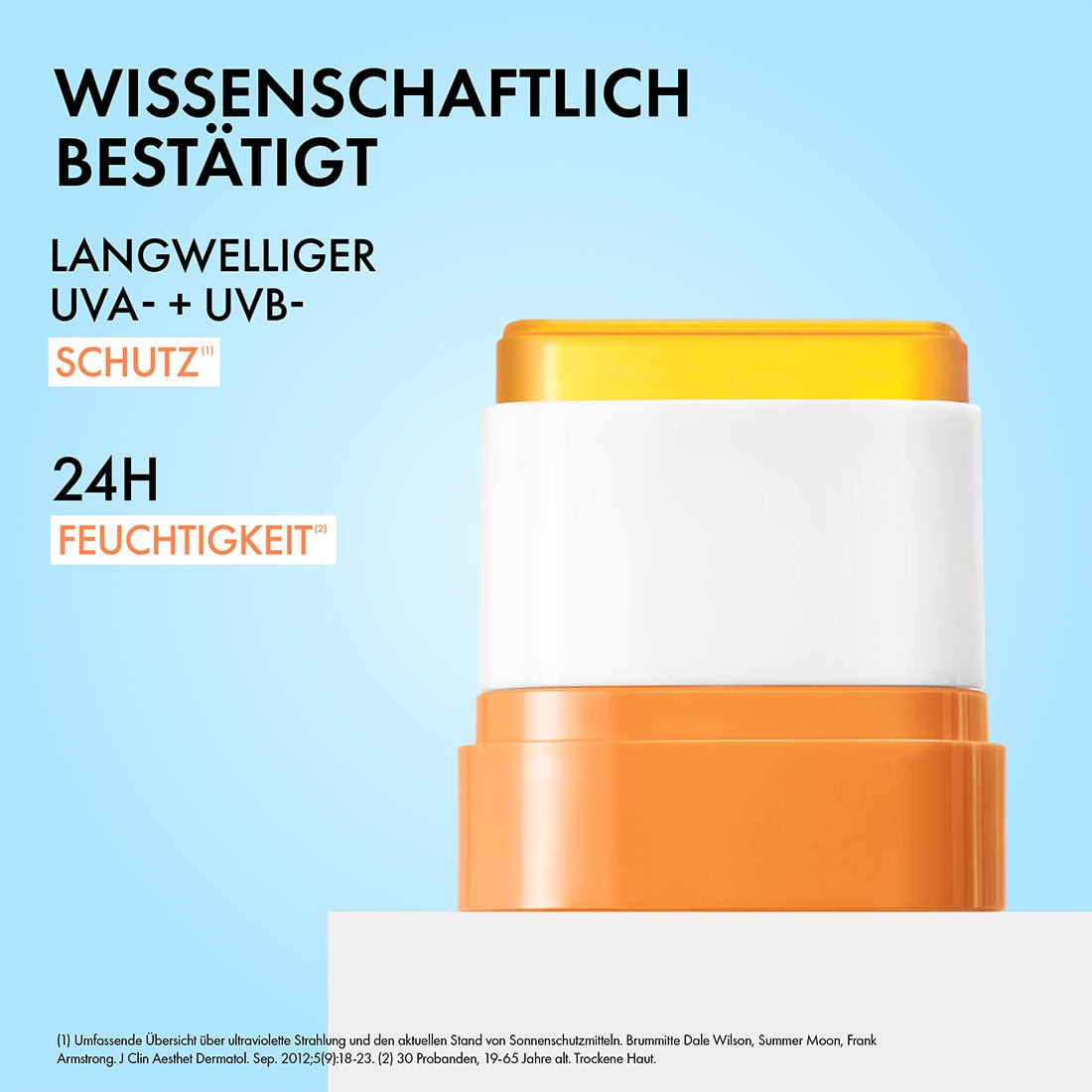 Vichy Sonnenschutzstick in Nahaufnahme, Text im Bild: wissenschaftlich bestätigt, langwelliger UVA- und UVB-Schutz, 24h Feuchtigkeit