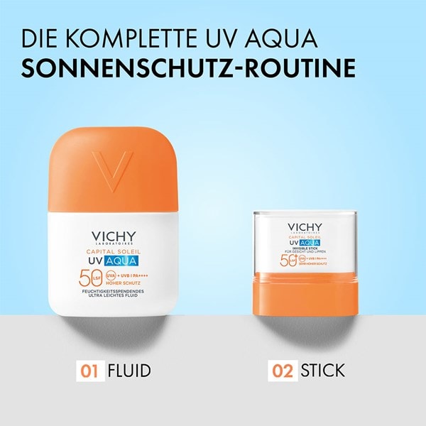 Vichy Capital Soleil UV Aqua Sonnenschutz als Fluid und Stick nebeneinander, Text im Bild: komplette UV Aqua Sonnenschutz-Routine, Fluid und Stick